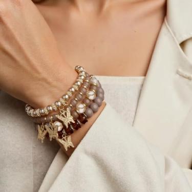 Imagem de Pulseira elástica Boho com contas coloridas empilháveis de contas de cristal modernas bijuterias presentes para mulheres, 4Pcs, Acrílico, Sem Pedra Preciosa