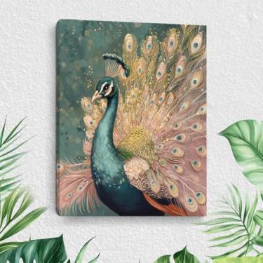 Imagem de Arte de parede em tela de pavão vintage, pinturas de arte emolduradas estéticas de pavão de flores, decoração de parede, cena da natureza e amante de animais, imagem para sala de estar, sala de jantar