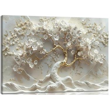 Imagem de Arte de parede em tela grande árvore da vida dourada e branca pintura de árvore grande decoração de parede pôster floral botânico brilhante arte para sala de estar, sala de jantar, quarto, decoração