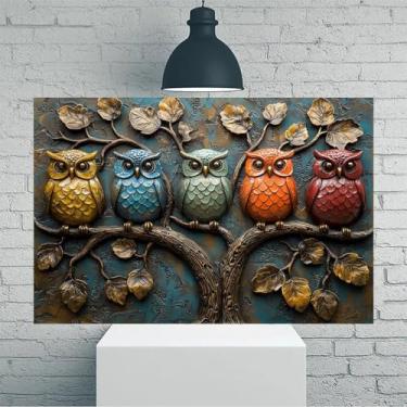 Imagem de Arte de parede em tela rústica vintage com corujas empoleiradas em galho de árvore - Pôster sem moldura de 30 x 45 cm - Decoração de casa e escritório para sala de estar, quarto, cozinha e café