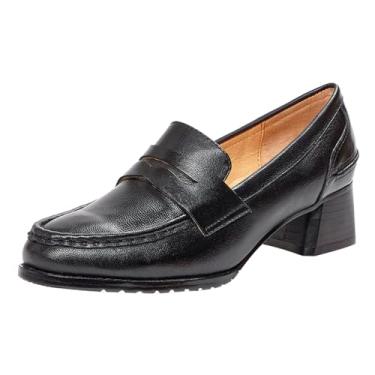Imagem de Mona flying Mocassim feminino de couro, salto grosso, vintage, escritório, trabalho, sapatos de salto médio para mulheres, Preto, 35