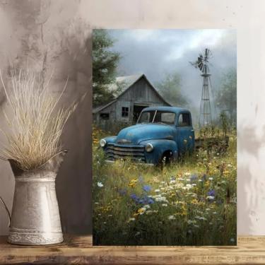 Imagem de Arte de parede rústica em tela rústica vintage moinho de vento de caminhão rústico - Pôster sem moldura de 30 x 45 cm - Decoração de casa e escritório para sala de estar, quarto, cozinha e café