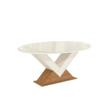 Imagem de Mesa Para Cozinha Amora Com Tampo Madeirado Com Vidro 105x180cm Freijo Off White Vidro Off White Kappesberg