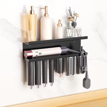 Imagem de Organizador de ferramentas de cabelo, suporte de parede, suporte para secador de cabelo, acessórios para modeladores, suporte adesivo para alisador de cabelo (preto)