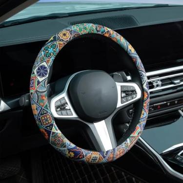 Imagem de Capa de volante estilo telhas Talavera Mexicano, protetor de volante, antiderrapante, respirável, absorvente de suor, acessórios universais para carros mexicanos de 36,8 a 38 cm, adequado para a