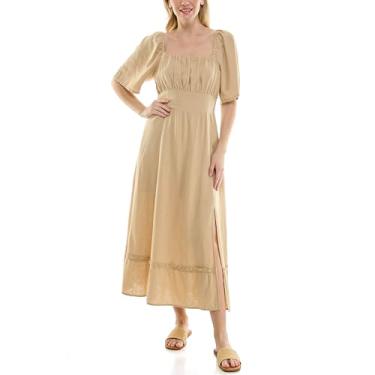 Imagem de Nicole Miller Vestido midi feminino com gola quadrada e manga no cotovelo e fenda, Overcast, M