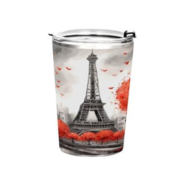 Imagem de Blueangle Copo de 355 ml com tampa e canudo, copo térmico de aço inoxidável com isolamento a vácuo, caneca térmica da Torre Eiffel de Paris para bebidas quentes e frias (879)