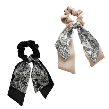 Imagem de Bandana com laço atado, 2 camadas, fitas longas, laços de cabelo, lenço elástico, faixas de cabelo florais apertadas, suportes de rabo de cavalo para meninas e mulheres, cáqui preto, 2 peças