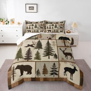 Imagem de jejeloiu Conjunto de cama de urso macio para meninos e meninas, conjunto de edredom de caça de veado, tamanho Queen, edredom de microfibra para decoração de quarto, 3 peças com 2 fronhas