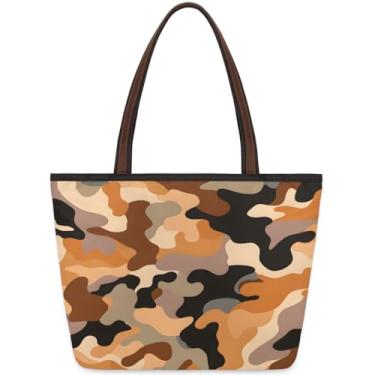 Imagem de Bolsa grande feminina camuflada, marrom, tecido militar, com zíper, reutilizável, bolsa de mão, casual, para viagem, trabalho, férias, praia, compras, academia, presentes