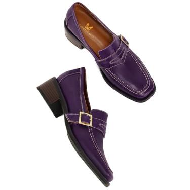 Imagem de MOOMMO Mocassins Femininos Clássicos Penny Fechados Bico Quadrado Patenteado Mocassins de Salto Baixo Fivela de Metal 5 cm Salto Grosso Conforto Escritório Senhoras Clássico Mocassim Tamanho 4-9 M EUA