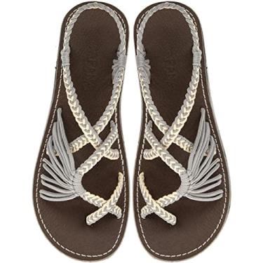 Imagem de Capana Sandálias de corda para mulheres - Sandálias femininas tecidas à mão, sandálias boho, sandálias de caminhada, sandálias de praia para mulheres, chinelos elegantes, sandálias de palha, sandálias de tiras para mulheres, sandálias de água - Banyan, Cinza creme, 10