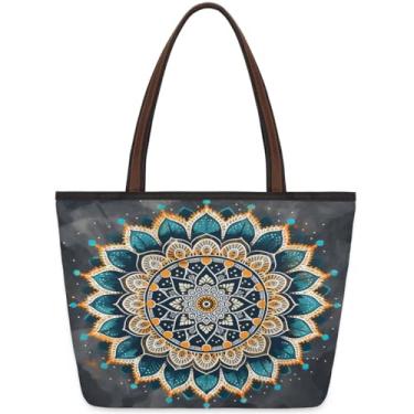 Imagem de Bolsa grande feminina étnica de tecido de mandala com zíper, reutilizável, bolsa de mão de mercearia, casual, para viagem, trabalho, férias, praia, compras, academia, presentes