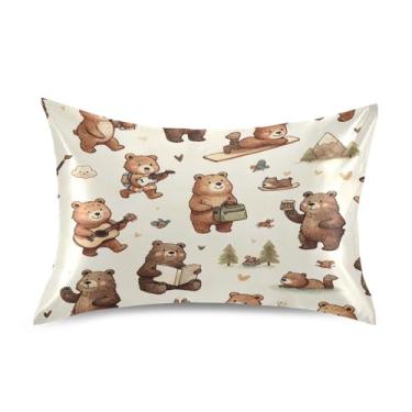 Imagem de Blueangle Fronha de cetim com ursos marrons pequenos para cabelo e pele, tamanho padrão (51 x 66 cm) - Capas de almofada de cetim com fecho de envelope (530)