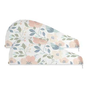 Imagem de SEHANY Toalha de cabelo de microfibra de flores coloridas elegantes para mulheres, 2 peças, turbantes de cabelo de secagem rápida com botão, touca de cabelo seco absorvente toalha de secagem de cabelo