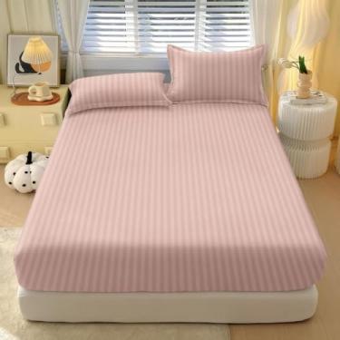 Imagem de Jogos De Lençol Com Elástico Listrado 400 Fios Solteiro 2 Peças Casal e Queen 3 Peças(Rose,CASAL 03 Peças)