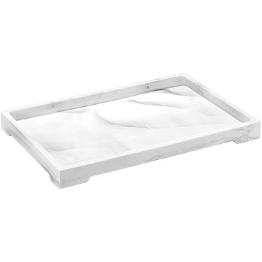 Imagem de Bandeja de banheiro de mármore de 25,4 x 15,2 cm, bandeja de cômoda, bandeja retangular de resina, organizador de bancada de banheiro para toalha de mão de cosméticos, M, branco cascalho