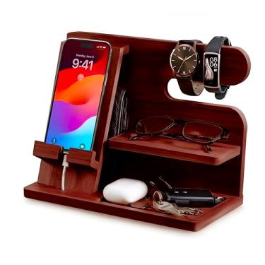 Imagem de Organizador de mesa de cabeceira - Estação de ancoragem de telefone de madeira para homens com chave, carteira e suporte de relógio - presente para pai, marido, namorado - marrom castanho