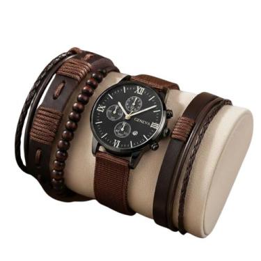 Imagem de Kit Relógio Masculino Marrom Claro Pulseiras Premium Moda - anjo da ma