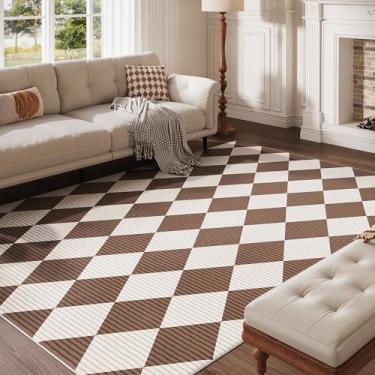 Imagem de ARKIIKI Tapetes xadrez laváveis 12 x 18 cm para quarto, tapete marrom e branco para sala de estar, tapete geométrico de lã sintética para crianças, meninas, sala de jogos, dormitório, berçário, sala