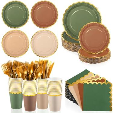 Imagem de Kochorie 140 peças de artigos de festa na floresta para 20 convidados, conjunto de louça descartável, inclui pratos recortados, guardanapos, copos, talheres, talheres, utensílios de mesa, para festa
