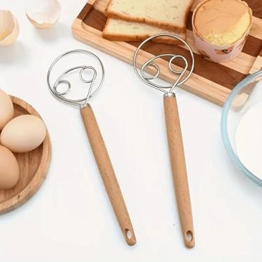 Imagem de 1 batedor de massa de aço inoxidável - batedor de ovos com cabo de madeira, 26,5 cm/10,4 pol. ferramenta de mistura para assar, bolo, massa de pão e mistura de ovos