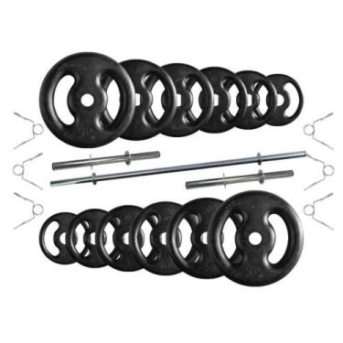 Imagem de Kit com 50 Kg de Anilhas Ferro Fundido + Barras de Supino e Halteres -