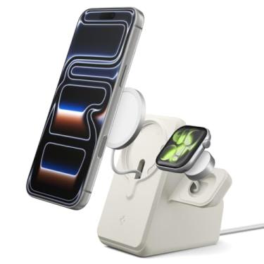 Imagem de Spigen MagFit Suporte Duo compatível com carregador MagSafe 25W 2025-2024 suporte para iPhone 17/16/15, AirPods e séries Apple Watch (carregador não incluído) - bege duna