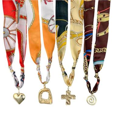 Imagem de D95BROS Colar de cachecol com pingentes grossos, pacote com 4, colar bandana de seda para mulheres, gargantilha ajustável, presente elegante para aniversário ou ocasiões especiais