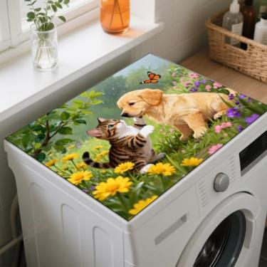 Imagem de GLOBLELAND Tapete de proteção contra poeira para máquina de lavar roupa de gato fofo 59,9 x 49,8 cm almofadas protetoras superiores borboletas antiderrapantes para secadora de roupas