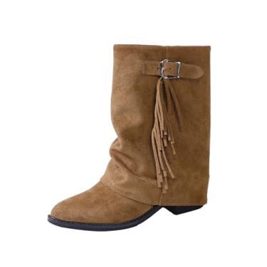 Imagem de Botas curtas femininas de inverno com borla, cor sólida, salto fino, cano médio, camurça casual, Caqui, 36