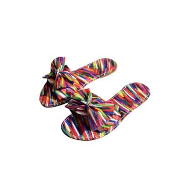 Imagem de GORGLITTER Sandália feminina de verão com laço colorido 2025 arco-íris bico aberto elegante praia sandália deslizante moderna, Multicor, 35