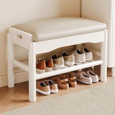 Imagem de Banco de entrada de madeira com armazenamento e almofada acolchoada – Rack organizador de sapatos à prova de intempéries para sala de estar, quarto, corredor e apartamento - Branco elegante 60 cm/23