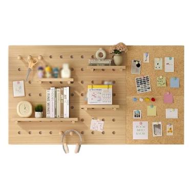 Imagem de Suporte de exibição bege de madeira maciça com placa de cortiça - organizador de parede para entrada, quarto, escritório, cozinha (160 cm)