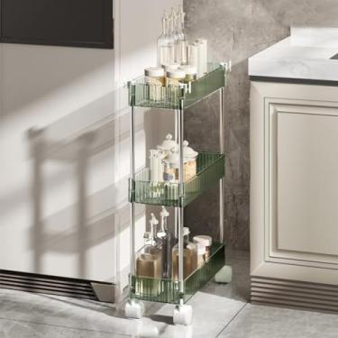 Imagem de Carrinho de armazenamento com rodinhas de 3 níveis com rodas e ganchos bloqueáveis, organizador de estantes utilitárias móveis para cozinha, banheiro e lavanderia, verde, 38 cm P x 13 cm L x 67 cm A