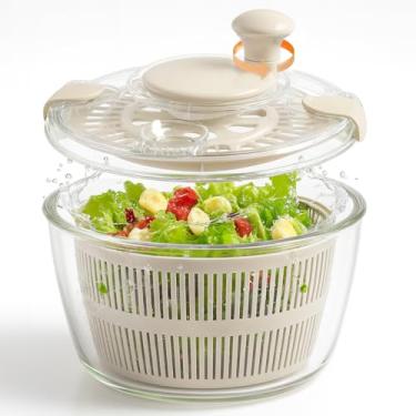 Imagem de Secador de legumes grande de vidro de 5,2 litros com ralo seguro para micro-ondas, lavável na lava-louças, com tampa transparente, manivela, lavadora de verduras de rotação rápida para alface, ervas