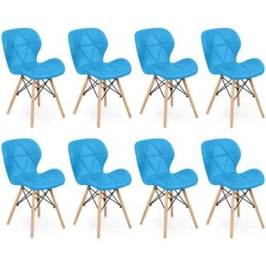Imagem de Kit 08 Cadeiras Charles Eames Eiffel Slim Wood Estofada - Azul - MAGAZ