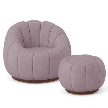 Imagem de Poltrona Decorativa Orgânica Fixa com Puff Nuvem Boucle Confortável Rose para Sala de E...