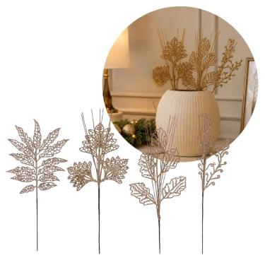 Imagem de Galhos Natalinos Decorativos Conjunto 4 Unidades Folhagem Glitter Ocre Verde 30cm para Árvores Yangzi