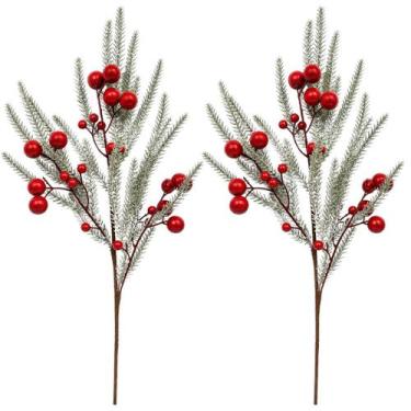 Imagem de Jogo 2 Galhos Decorativo Natalino Pinheiro Nevado com Azevinhos Vermel