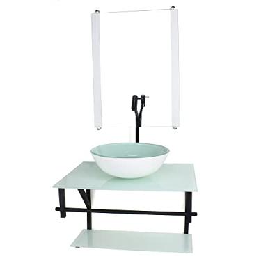 Imagem de GABINETE DE VIDRO PARA BANHEIRO 60CM AP CUBA REDONDA BRANCO FULL COM TORNEIRA PRETA