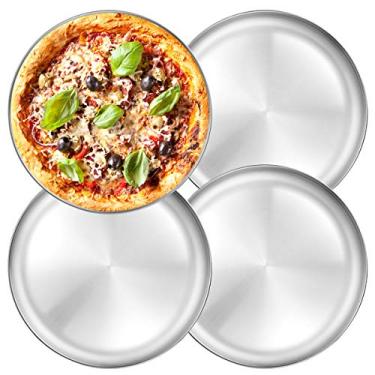Imagem de Bandeja de pizza de aço inoxidável de 34 cm – Deedro bandeja de pizza redonda para assar pizza, bandeja antiaderente para assar pizza na máquina de lavar louça, bandeja de pizza segura, bandeja de pizza circular, pacote com 2, Prata, 4 Pack, 4