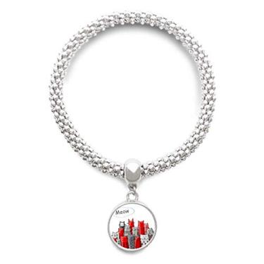 Imagem de DIYthinker Pulseira de prata com pingente de gato fofo Mewing para amantes de animais de estimação com pingente de corrente ajustável