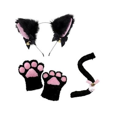 Imagem de Orelha de gato cauda e pata para crianças adultos fantasia vestido empregada cosplay animais orelhas e cauda longa traje de halloween para festa de, Preto sem gravata