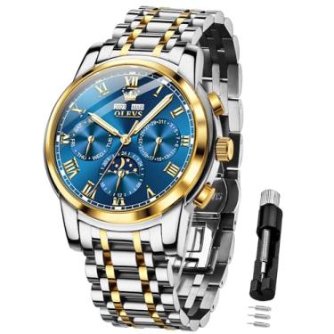 Imagem de OLEVS Relógio masculino automático, mecânico, corda automática, luxuoso, vestido de negócios, fase da lua, calendário de aço inoxidável, relógios de pulso para homens, à prova d'água, luminoso,