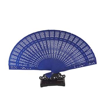 Imagem de ALLinONE Ventiladores dobráveis de madeira perfumada chinesa com suporte para decoração de eventos de festa de casamento em casa, presentes (azul)