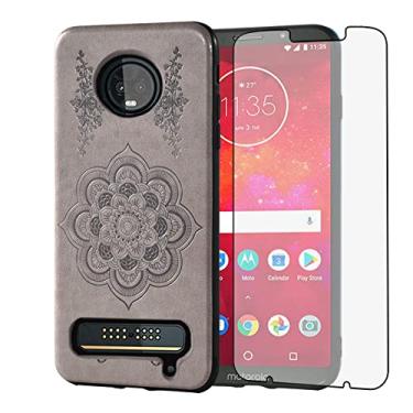 Imagem de Asuwish Capa compatível com Moto Z3 / Z3 Play e protetor de tela de vidro temperado fino fino macio TPU flor couro robusto cinza capa para celular Motorola MotoZ3 Z 3 3Z Z3play mulheres homens cinza