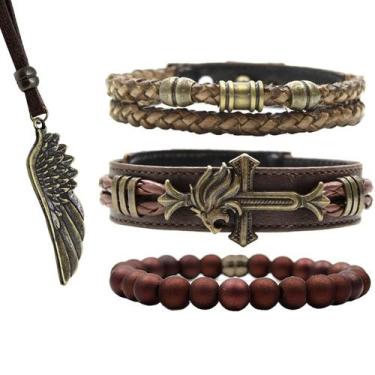 Imagem de Pulseiras Masculinas Couro LEÃO MARROM Kit C / 03 + Colar Asas de Anjo