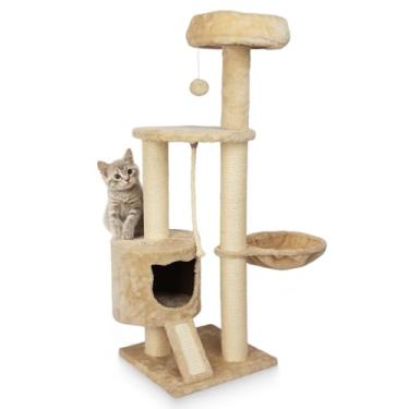 Imagem de TZHYKPHOME Árvore grande para gatos com poleiro alargado para gatos grandes, torre de gato de 114 cm para gatos internos, condomínio de vários níveis, postes e rampa para arranhões, cesta para gatos