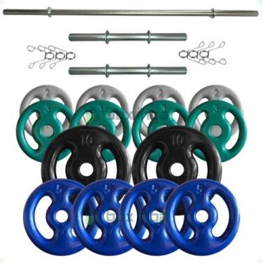 Imagem de Kit 60 Kg de Anilhas Emborrachadas + Barras Maciças Zincada com Presil